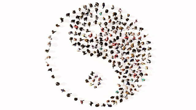 Concept or conceptual large gathering of people forming the image of the chinese symbol of Yin-Yang as opposing and complementary forces. A 3d illustration metaphor for taoism, meditation and balance