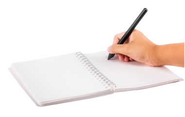 hand with pen and notebook isolated and save as to PNG file