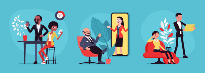 Business, home, office and lifestyle scene cartoon set. Black people busy with smartphone, businessman, businesswoman, man, woman in mobile phone screen. Vector creative vibrant botanical illustration