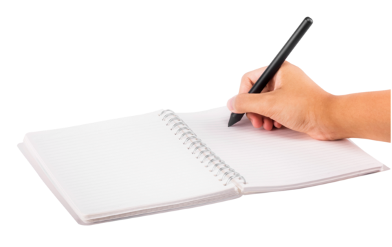 hand with pen and notebook isolated and save as to PNG file