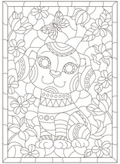 A contoured illustration in the style of a stained glass window with a cute puppy on a background of flowers, dark contours on a white background
