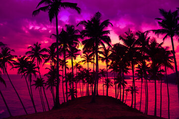 Coconut palm trees on tropical island beach at vivid colorful sunset - obrazy, fototapety, plakaty