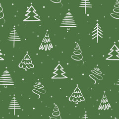 seamless pattern of various white silhouettes of Christmas trees and falling snow on a green background