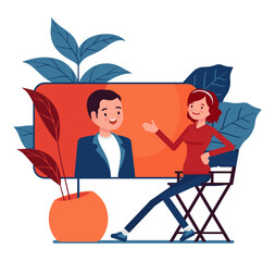 Woman talking to man, giant mobile phone screen. Training on line communication skills, distant professional productive relationships, digital etiquette. Vector creative vibrant botanical illustration