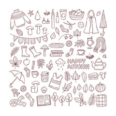 Autumn cozy objects set. Fall season elements in doodle outline style. Bundle of hand drawn clip art. Sweater, tea, pie, fallen leaves, mushrooms. Isolated flat vector illustration