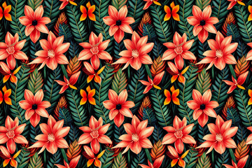 Obraz na płótnie Canvas Seamless jungle floral background Jungle flowers and leaves. Seamless repeat pattern for fabrics, wallpapers, wrappers, postcards, greeting cards, wedding invitations, banners, web. 3d illustration