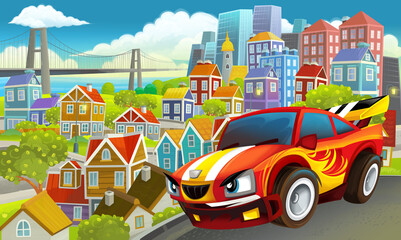 cartoon sports car speeding in the city illustration