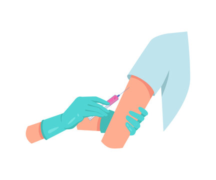Covid vaccination, isolated hands in gloves holding syringe and giving shot to patient. Injection of vaccine, illness preventive measures. Vector in flat cartoon style