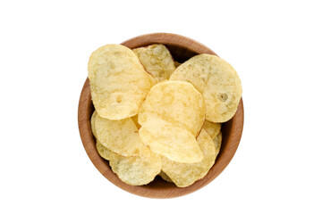 A top view of a snack bowl of savoury potato chips party food, crispy nibbles isolated against a...