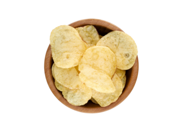 A top view of a snack bowl of savoury potato chips party food, crispy nibbles isolated against a transparent background.