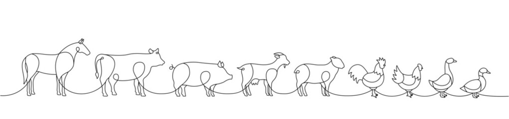 Fototapeta na wymiar Set of Farm animal one line. Horse, Cow, Pig, Goat, Sheep, Chicken, Rooster, Duck, Goose silhouettes. Farm animals one line illustration.