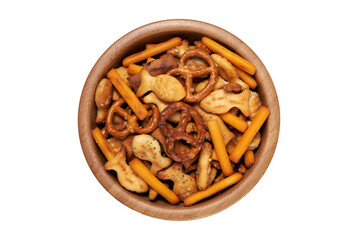 A snack bowl of salted savoury party food, crispy nibbles isolated against a transparent background viewed from above.