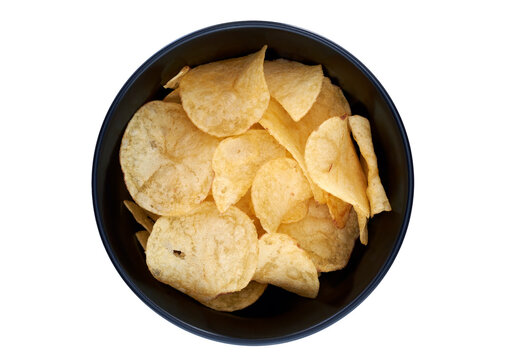 A top view of a snack bowl of savoury potato chips party food, crispy nibbles isolated against a transparent background.