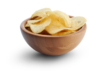 A side view of a snack bowl of savoury potato chips party food, crispy nibbles isolated against a transparent background