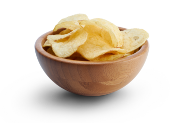 A side view of a snack bowl of savoury potato chips party food, crispy nibbles isolated against a transparent background