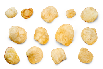 Viewed from above, a selection savoury potato chips, crisps, party food snacks isolated against a transparent background.
