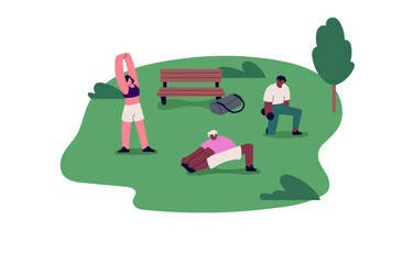 Outdoor workout, sport, fitness. People training, stretching, exercising in street, park. Diverse men, women during physical activity, warmup. Flat vector illustration isolated on white background