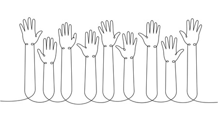 Fototapeta premium Hands up one line continuous drawing. Public opinion, user feedback continuous one line illustration. Vector minimalist linear illustration.