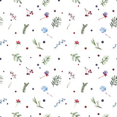 Holiday christmas seamless pattern. Hand drawn silhouettes of twigs with a berry, fir, spruce. Universal winter ornament for web, wrapping paper, greeting cards, fabric, wallpaper.