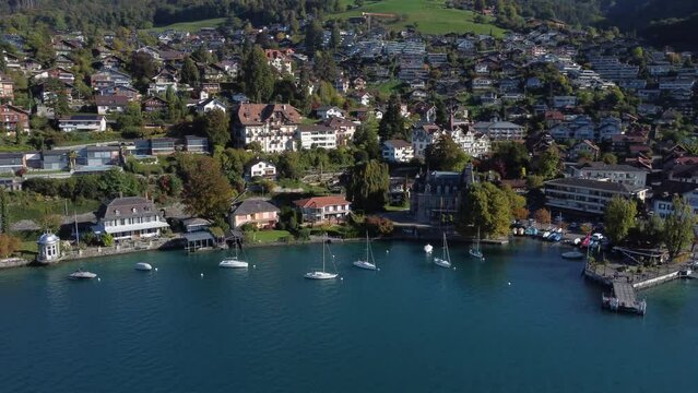 fantastic aerial shot of the coast of the municipality of Oberhofen in switzerland, on a sunny day.