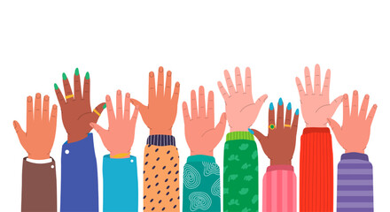 Hands raised up. Multi-ethnic and diverse hands raised up. Human arms with accessories rising together. Teamwork, collaboration, volunteering.