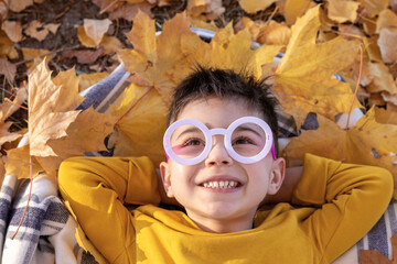 happy kid child boy lies lying on blanket on ground dry golden yellow leaves foliage autumn fall...