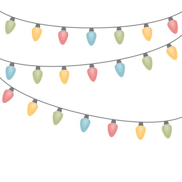 Colourful chain of Christmas lights isolated on transparent background. PNG illustration