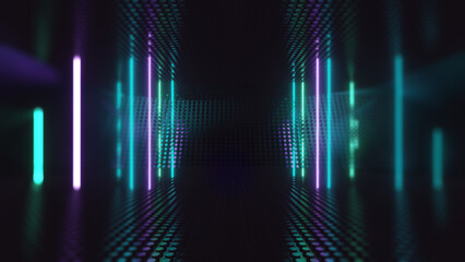 Fototapeta premium 3d abstract neon background, geometric background with polygonal structure, cyber space virtual reality, Podium show products, place for product, colored neon lights, sci-fi style
