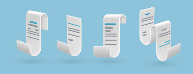 Bill or check, long paper with list to do. Statement of charges, set of documents with financial assets and accounting information. Vector in 3d style illustration