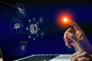 AI (Artificial Intelligence) Technology networks connecting wireless devices. AI technology is essential to business in the digital world..Futuristic virtual screen interface technology