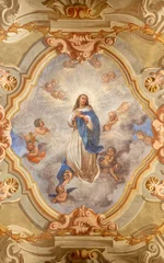 Gordijnen COURMAYEUR, ITALY - JULY 12, 2022: The ceiling fresco of Immaculate Conception in church Chiesa di San Pantaleone originaly by Giacomo Gnifetti from18. cent. and restored in1957 by Nino Pirlato. © Renáta Sedmáková