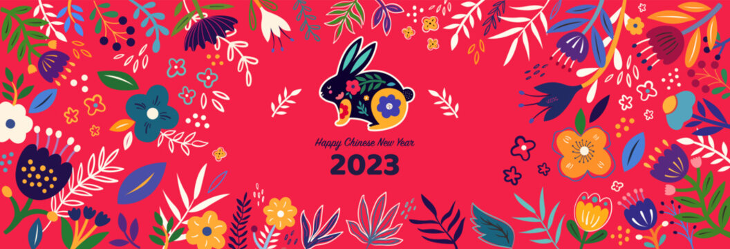 Chinese New Year Rabbit 2023 greeting banner with cute rabbit