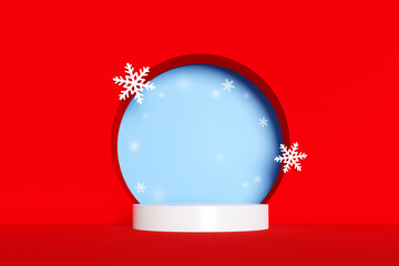 3d rendering white product display stand with red background and snow flakes. Minimal Christmas or winter product presentation scene.