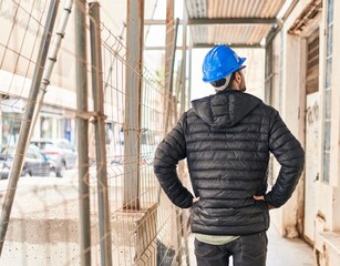 Fototapeta premium Young man architect standing on back view at street