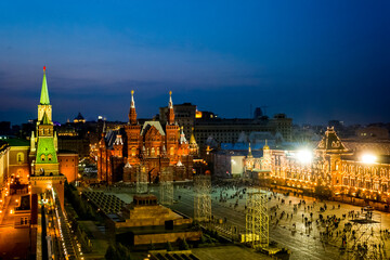 Panoramic view of the Red Square in Moscow from Kremlin wall and tower