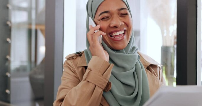 Phone call, paperwork and hijab woman with business communication, international networking and b2b client negotiation. Corporate muslim, Arab or dubai worker talking using phone for cv document chat