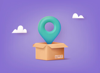 Cardboard delivery box with location pin. Order or parcel tracking. Navigation point. 3D Web Vector Illustrations.