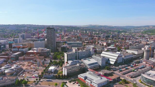 Sheffield, UK: Aerial view of city in England, center of city with modern high-rise buildings - landscape panorama of United Kingdom from above