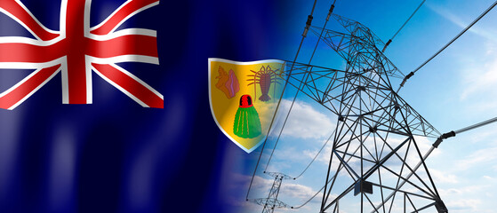 Turks and Caicos Islands - country flag and electricity pylons - 3D illustration