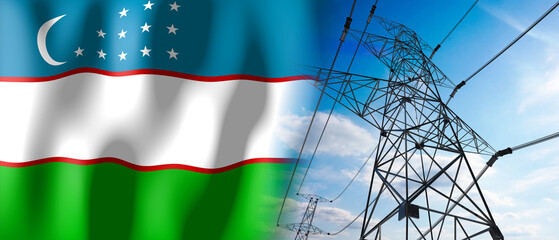Uzbekistan - country flag and electricity pylons - 3D illustration