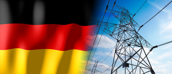 Germany - country flag and electricity pylons - 3D illustration