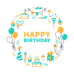 Happy Birthday color flat line circle frame with text space. Festive bright holiday design. Balloon cupcake birthday cake gift on white background Minimal greeting card concept vector illustration.