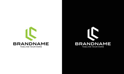 creative design outline letters LC hexagon shape on a black and white background.