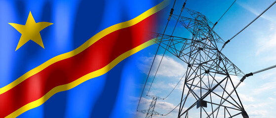 Democratic Republic of the Congo - country flag and electricity pylons - 3D illustration