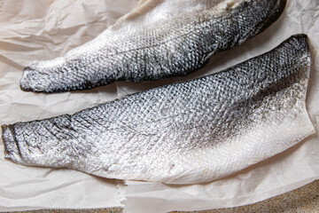 raw fish sea ​​bass fillet seafood snack on the table copy space food background