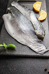 raw fish sea ​​bass fillet seafood snack on the table copy space food background