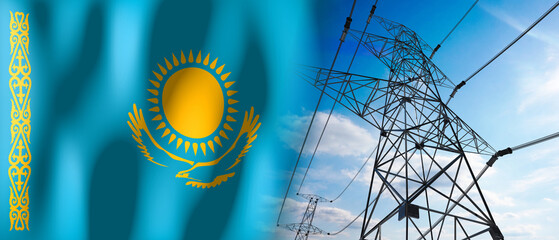 Kazakhstan - country flag and electricity pylons - 3D illustration