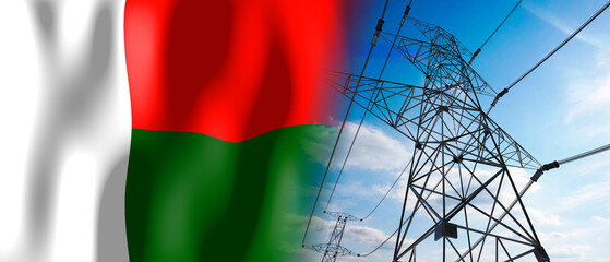 Madagascar - country flag and electricity pylons - 3D illustration