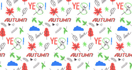 Doodles in notepad - autumn theme vector scribbles, seamless pattern