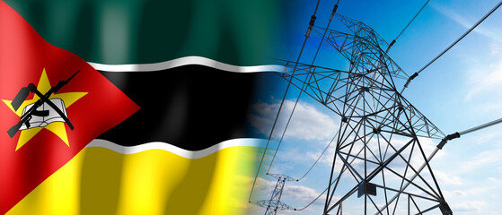 Mozambique - country flag and electricity pylons - 3D illustration